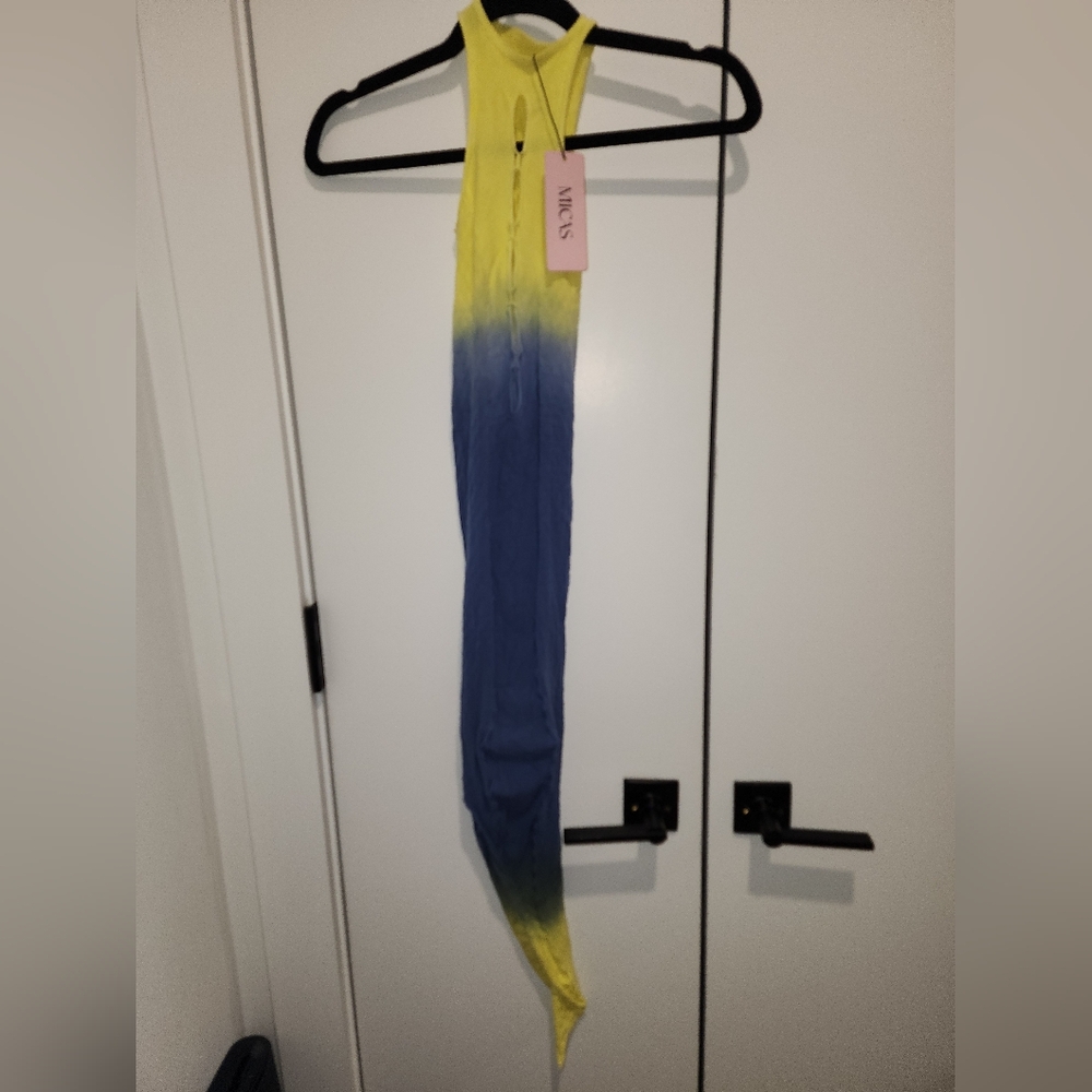 ✨️New Asymmetrical Stretch Sheath Dress W/cutouts Yellow and Blue Gradient